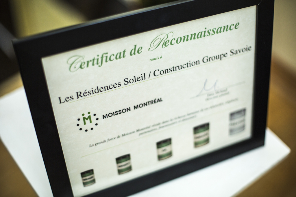 Certificat de reconnaissance Moisson Montréal : Les Résidences Soleil 